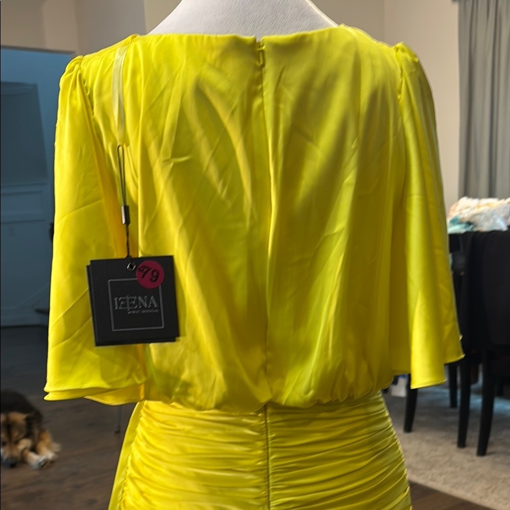Mac Duggal Yellow Cocktail Mini Dress with Ruched Plunge Neckline - Picture 6 of 7